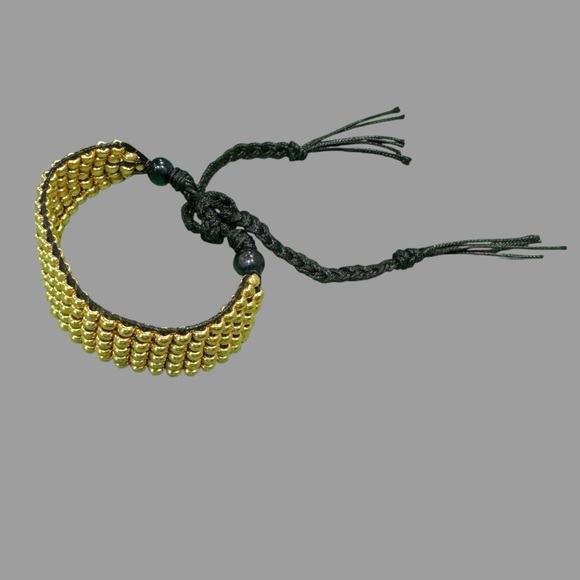 Handcrafted gold tone seed bead tie on loom bracelet cuff - festival - unisex - Picture 6 of 13